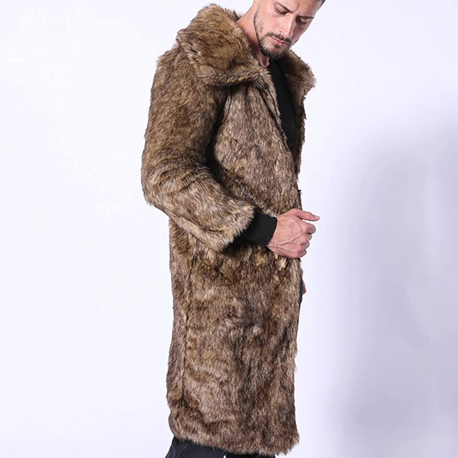Faux Fur Coat Men Long Fuzzy Fleece Jacket Furry Cardigan Warm Winter Coats Fur Collar Overcoat Thick Coats