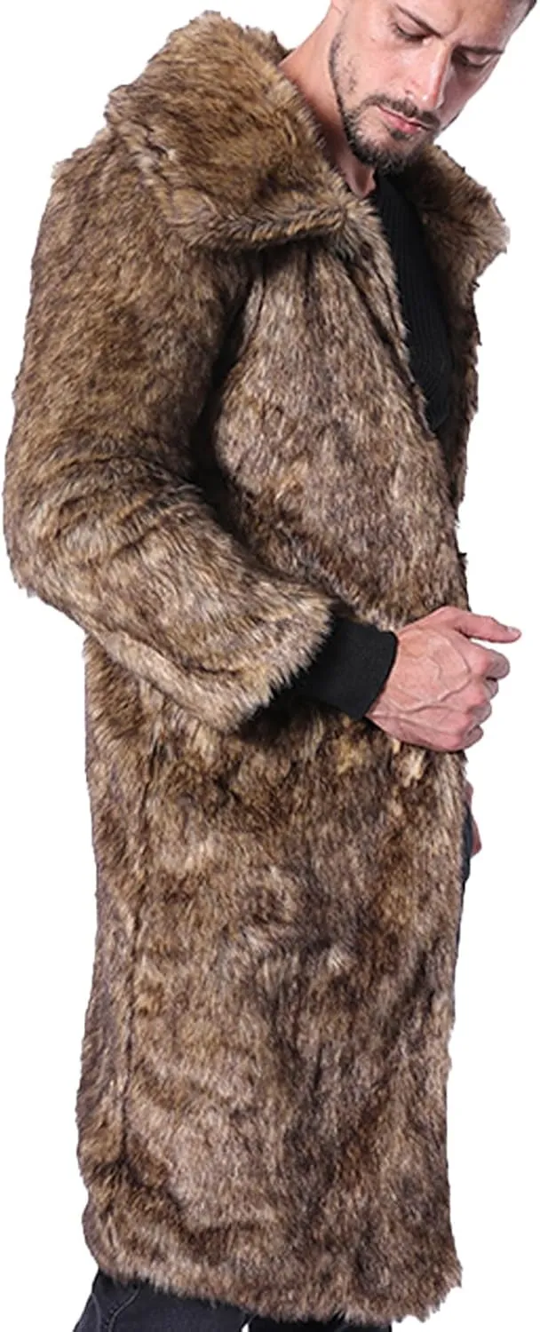 Faux Fur Coat Men Long Fuzzy Fleece Jacket Furry Cardigan Warm Winter Coats Fur Collar Overcoat Thick Coats