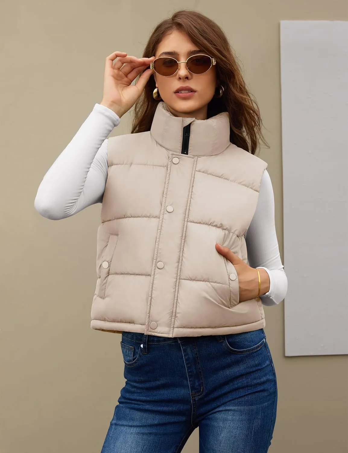 Fengbay Womens Puffer Vest Sleeveless Puffy Cropped Vests Stand Collar Vest Lightweight Bubble Quilted Vests Trendy 2025