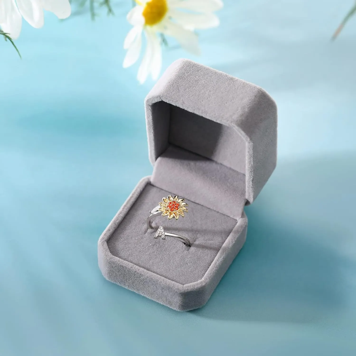 Fidget Rings for Anxiety for Women Sunflower Initial Letter Spinner Open Adjustable Ring CZ Daisy Stress Relieving Rings Jewelry Gift for Women Valentine's Day You are My Sunshine Ring