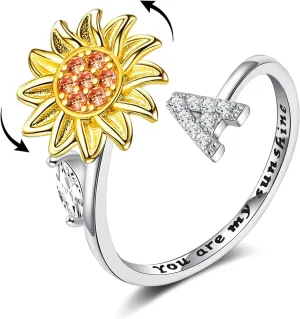 Fidget Rings for Anxiety for Women Sunflower Initial Letter Spinner Open Adjustable Ring CZ Daisy Stress Relieving Rings Jewelry Gift for Women Valentine's Day You are My Sunshine Ring