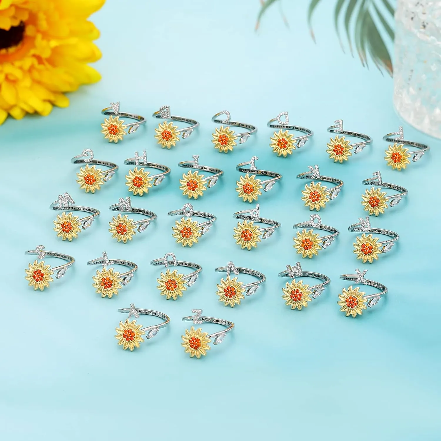 Fidget Rings for Anxiety for Women Sunflower Initial Letter Spinner Open Adjustable Ring CZ Daisy Stress Relieving Rings Jewelry Gift for Women Valentine's Day You are My Sunshine Ring