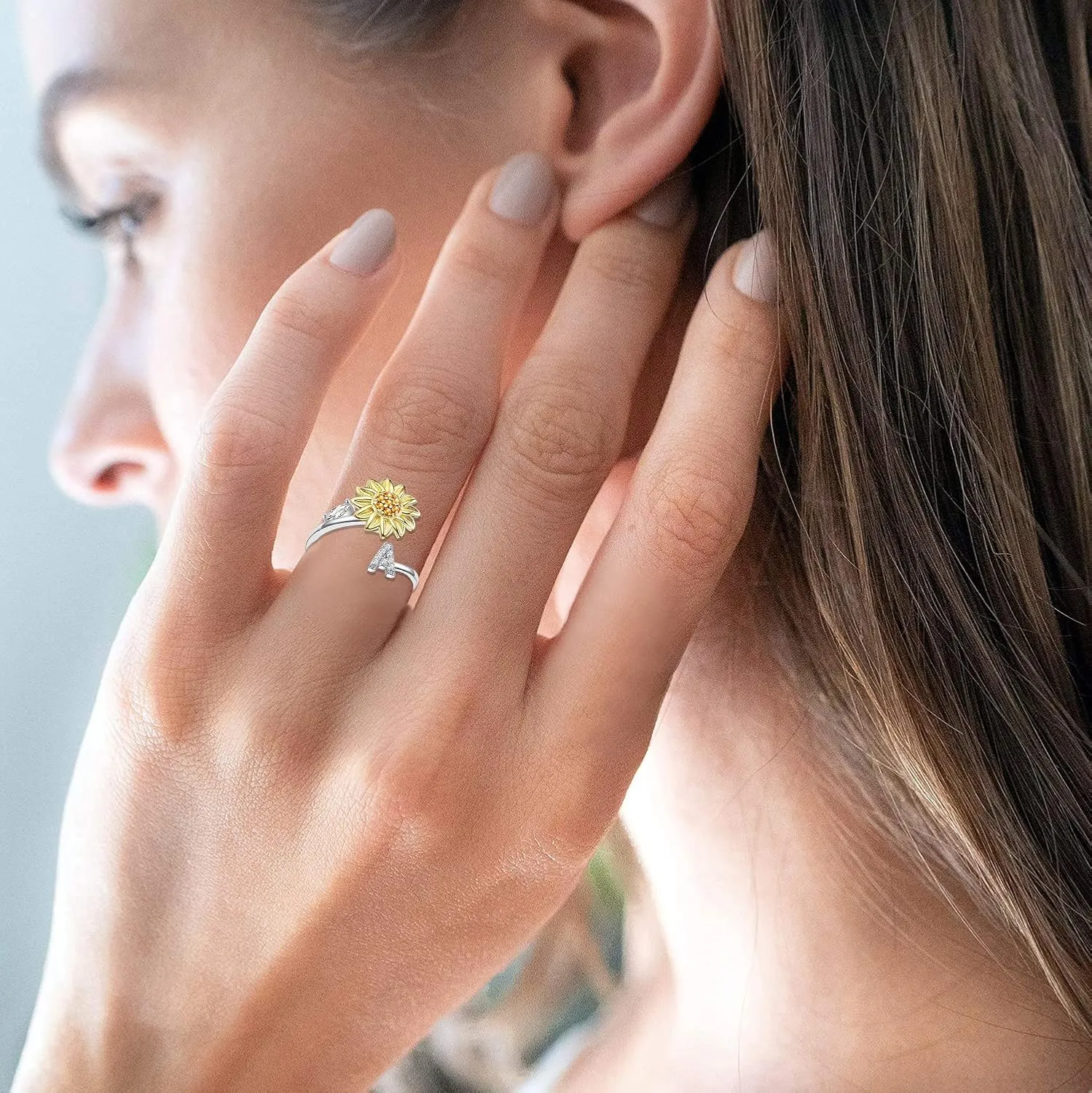 Fidget Rings for Anxiety for Women Sunflower Initial Letter Spinner Open Adjustable Ring CZ Daisy Stress Relieving Rings Jewelry Gift for Women Valentine's Day You are My Sunshine Ring