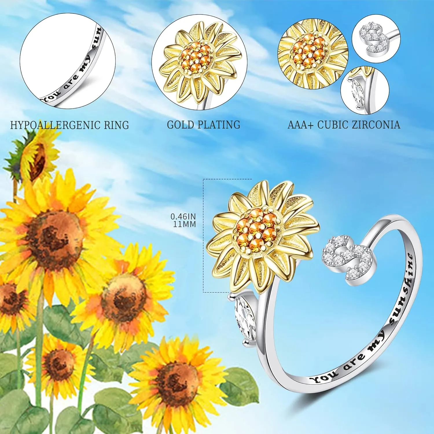 Fidget Rings for Anxiety for Women Sunflower Initial Letter Spinner Open Adjustable Ring CZ Daisy Stress Relieving Rings Jewelry Gift for Women Valentine's Day You are My Sunshine Ring