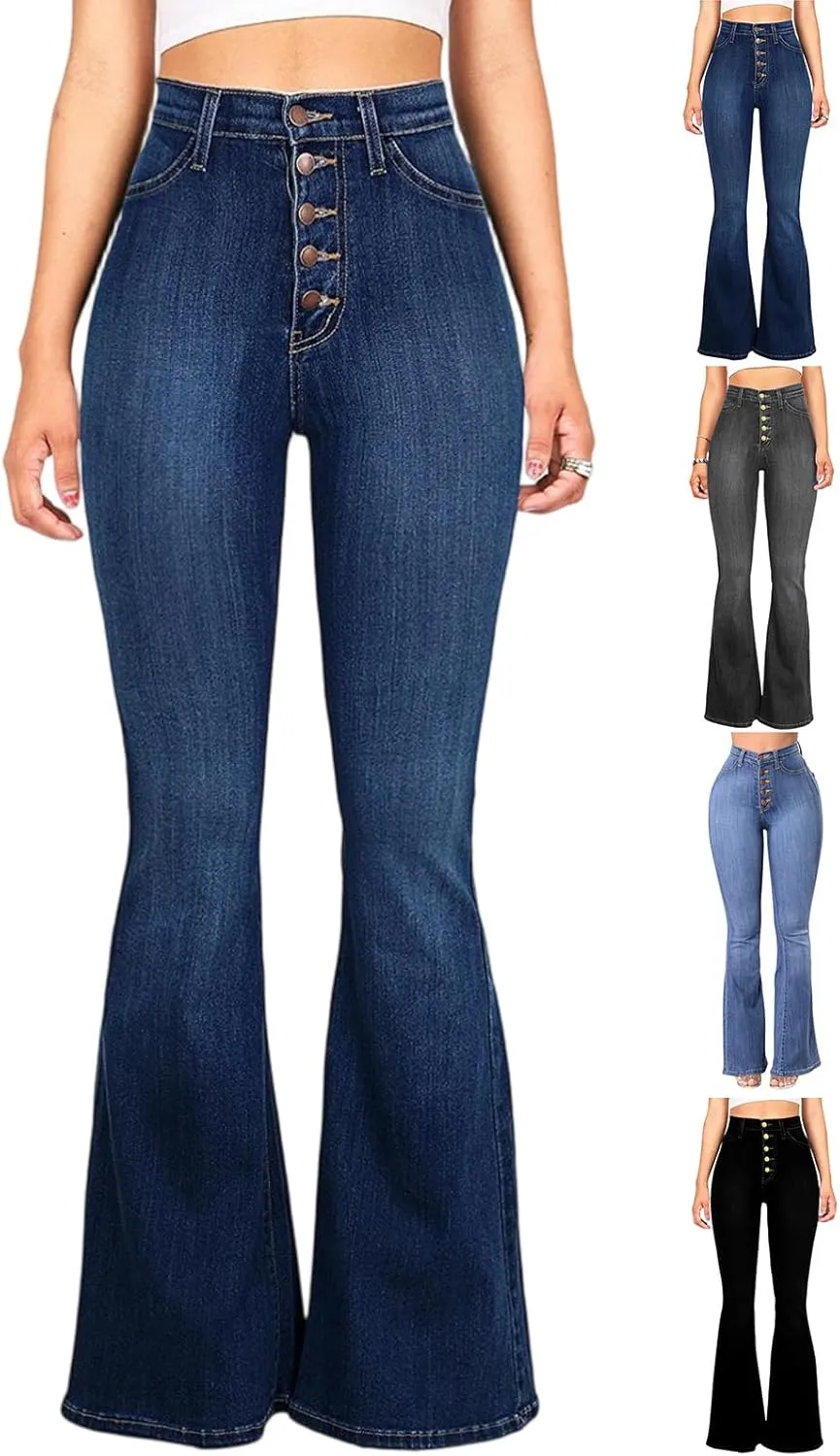 Flare Jeans for Women Bell Bottom High Waisted Bootcut Jeans Button Fly Casual Pants Trousers with Pockets