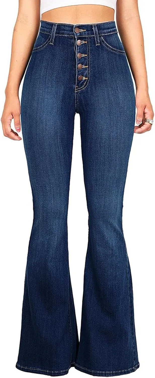 Flare Jeans for Women Bell Bottom High Waisted Bootcut Jeans Button Fly Casual Pants Trousers with Pockets