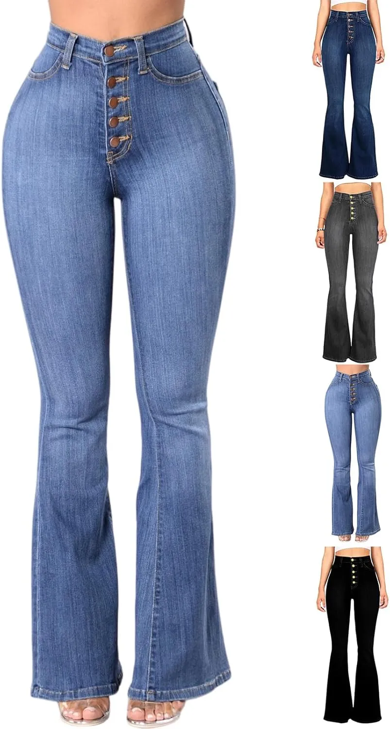 Flare Jeans for Women Bell Bottom High Waisted Bootcut Jeans Button Fly Casual Pants Trousers with Pockets