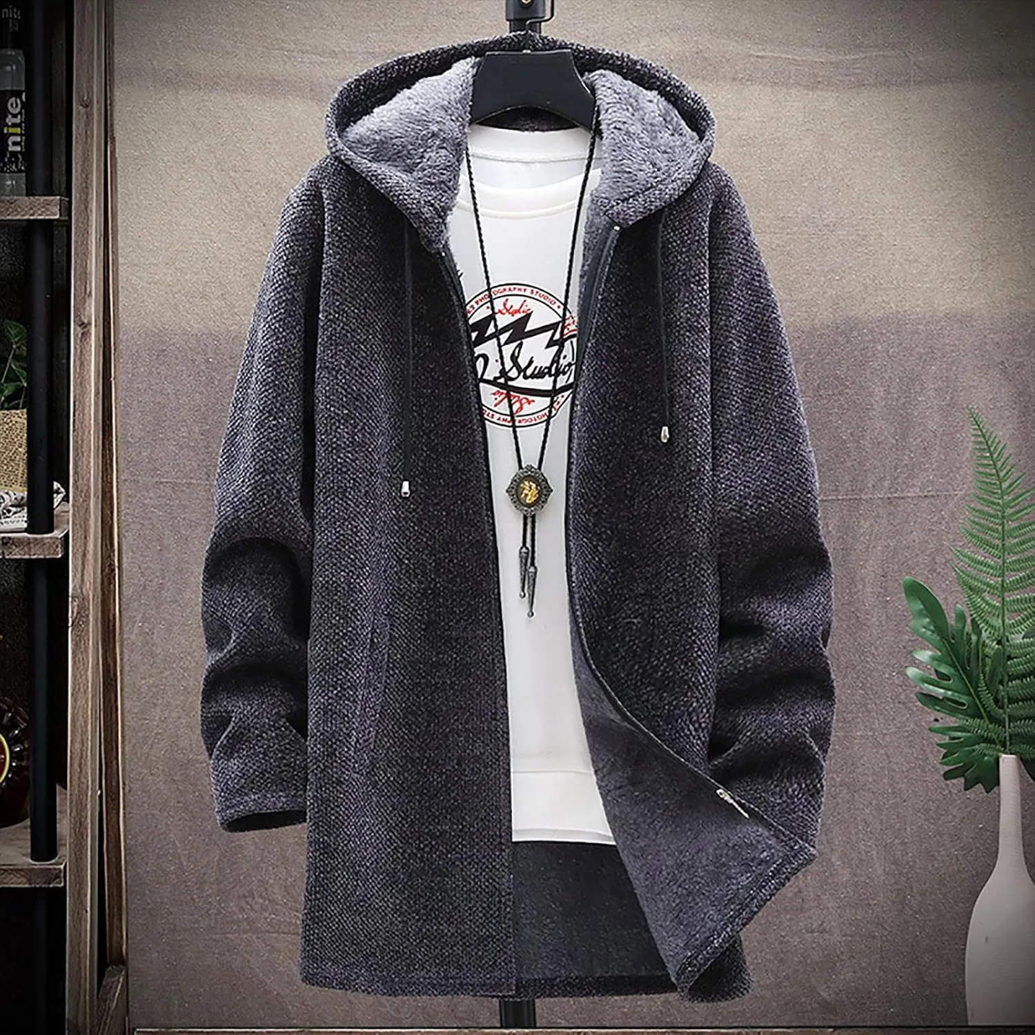Fleece Lined Jackets for Men Winter Hooded Coats Mid Length Cardigan Sweaters Long Sleeve Tops Warm Pocket Outerwear