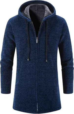 Fleece Lined Jackets for Men Winter Hooded Coats Mid Length Cardigan Sweaters Long Sleeve Tops Warm Pocket Outerwear