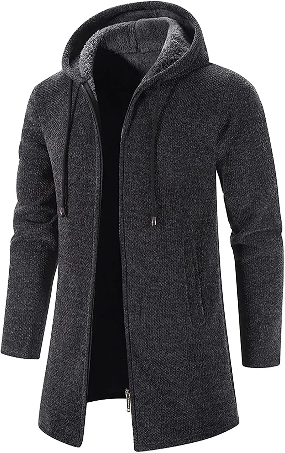 Fleece Lined Jackets for Men Winter Hooded Coats Mid Length Cardigan Sweaters Long Sleeve Tops Warm Pocket Outerwear