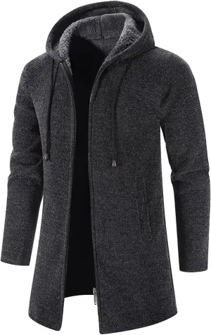 Fleece Lined Jackets for Men Winter Hooded Coats Mid Length Cardigan Sweaters Long Sleeve Tops Warm Pocket Outerwear