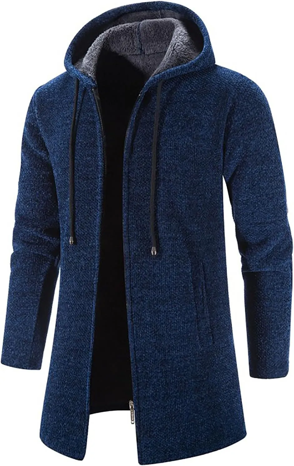 Fleece Lined Jackets for Men Winter Hooded Coats Mid Length Cardigan Sweaters Long Sleeve Tops Warm Pocket Outerwear