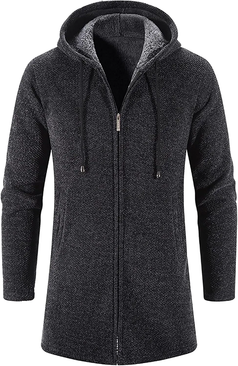 Fleece Lined Jackets for Men Winter Hooded Coats Mid Length Cardigan Sweaters Long Sleeve Tops Warm Pocket Outerwear