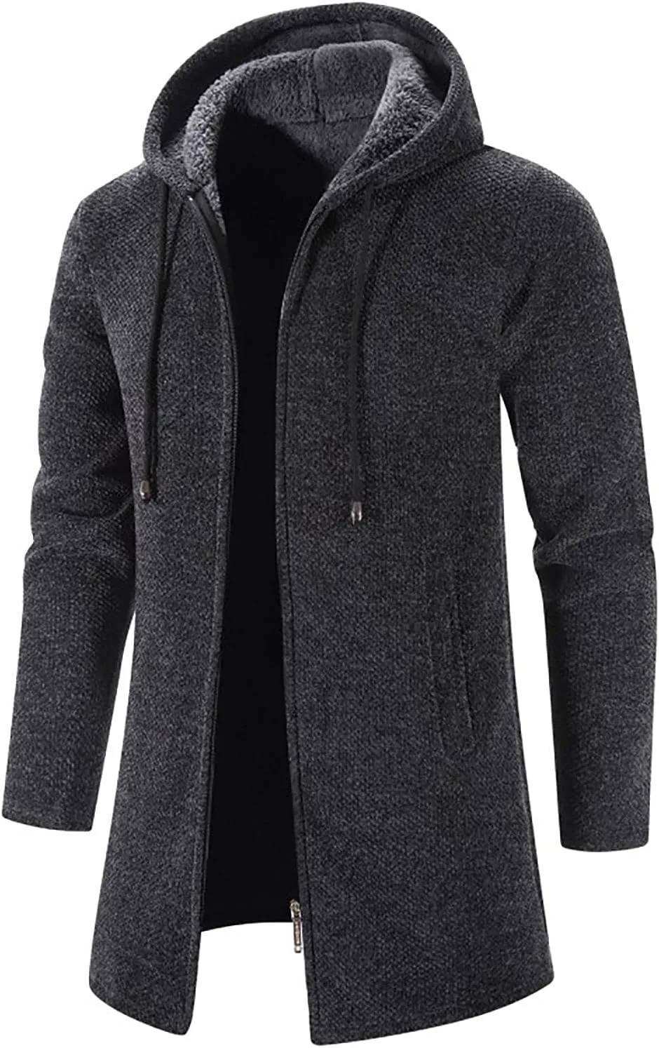 Fleece Lined Jackets for Men Winter Hooded Coats Mid Length Cardigan Sweaters Long Sleeve Tops Warm Pocket Outerwear