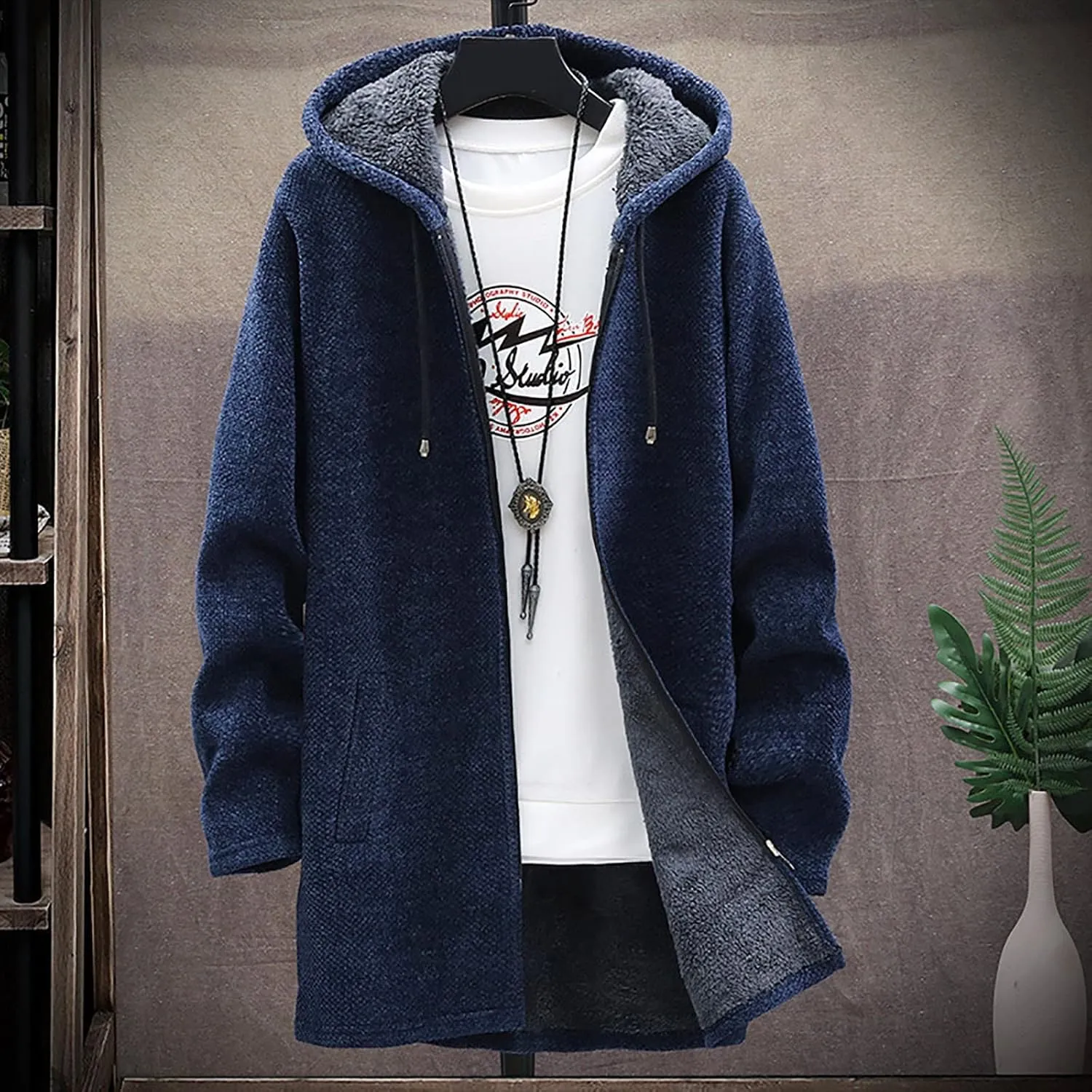 Fleece Lined Jackets for Men Winter Hooded Coats Mid Length Cardigan Sweaters Long Sleeve Tops Warm Pocket Outerwear