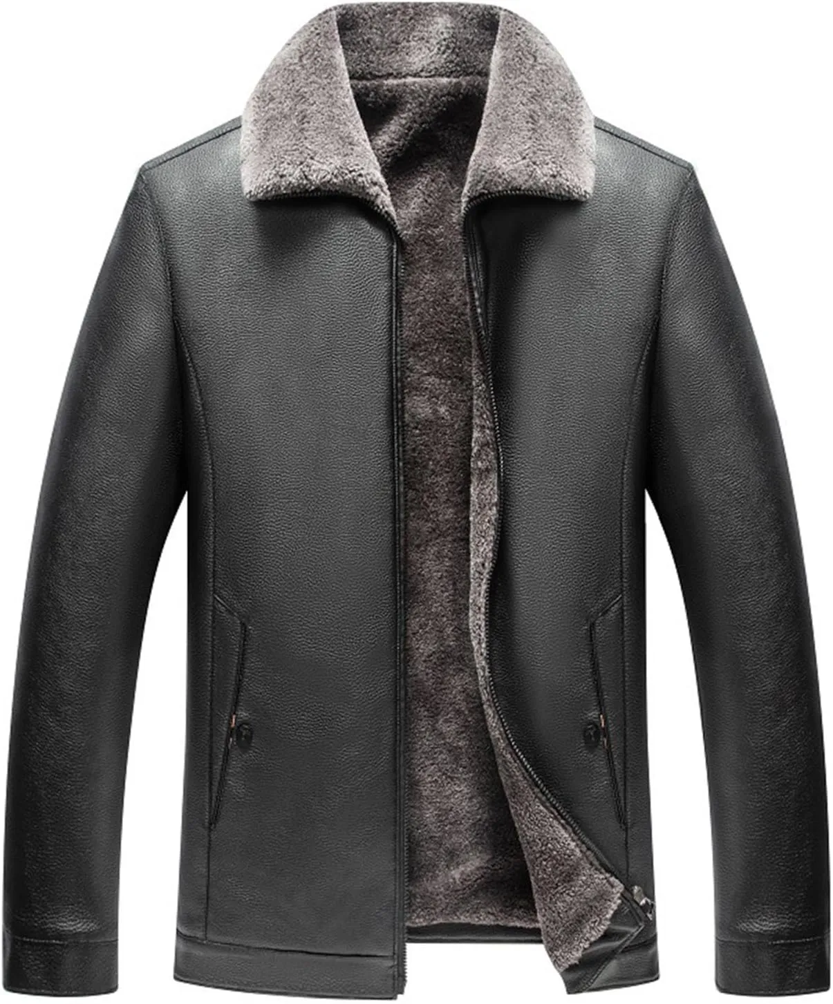 Fleece Lined Leather Jacket Men Hooded Winter Jacket Zip up Thermal Hoodie Vintage Faux Fur Coats Warm Outwear