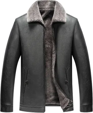 Fleece Lined Leather Jacket Men Hooded Winter Jacket Zip up Thermal Hoodie Vintage Faux Fur Coats Warm Outwear
