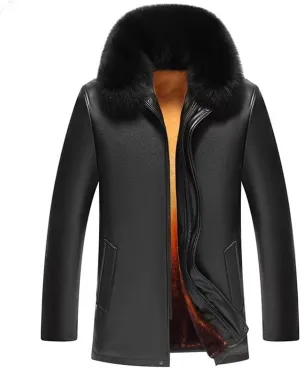 Fleece Lined Leather Jacket Men Hooded Winter Jacket Zip up Thermal Hoodie Vintage Faux Fur Coats Warm Outwear
