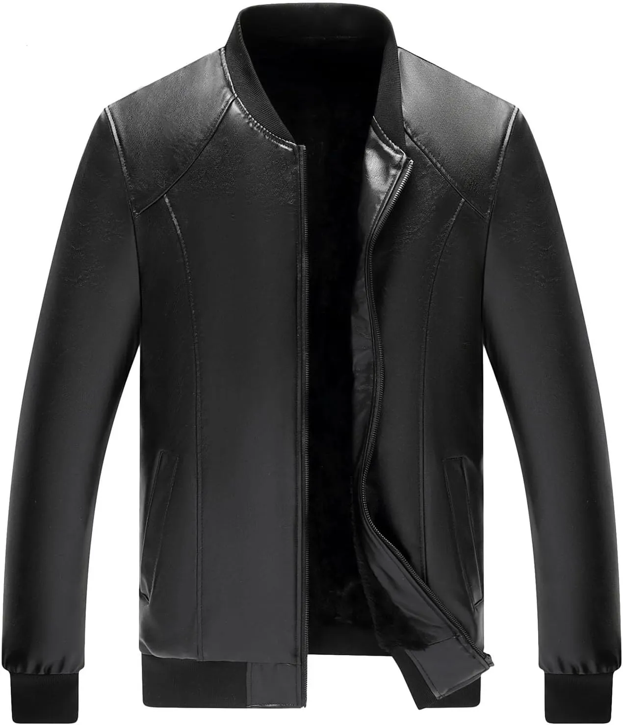 Fleece Lined Leather Jacket Men Hooded Winter Jacket Zip up Thermal Hoodie Vintage Faux Fur Coats Warm Outwear