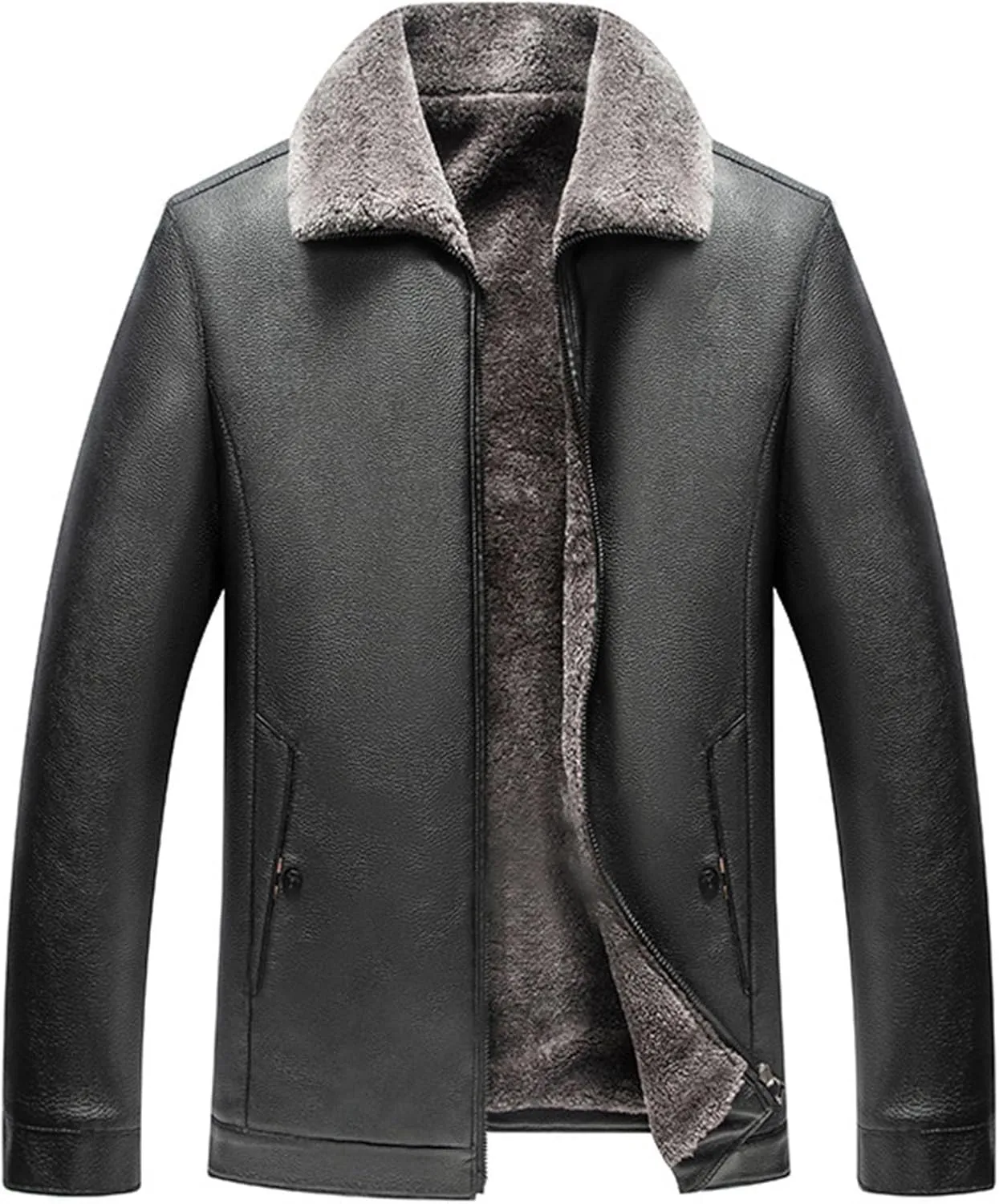 Fleece Lined Leather Jacket Men Hooded Winter Jacket Zip up Thermal Hoodie Vintage Faux Fur Coats Warm Outwear