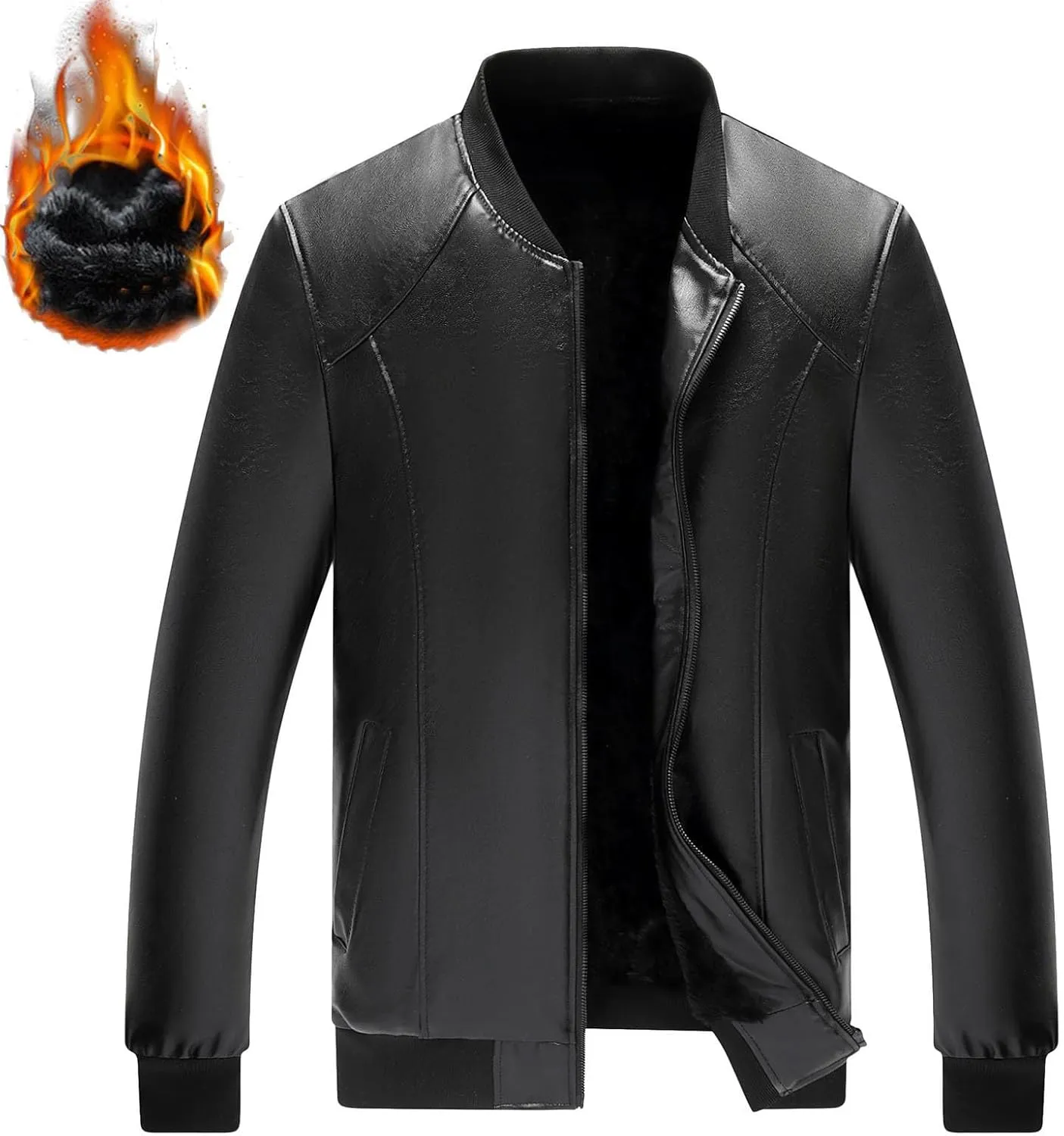 Fleece Lined Leather Jacket Men Hooded Winter Jacket Zip up Thermal Hoodie Vintage Faux Fur Coats Warm Outwear