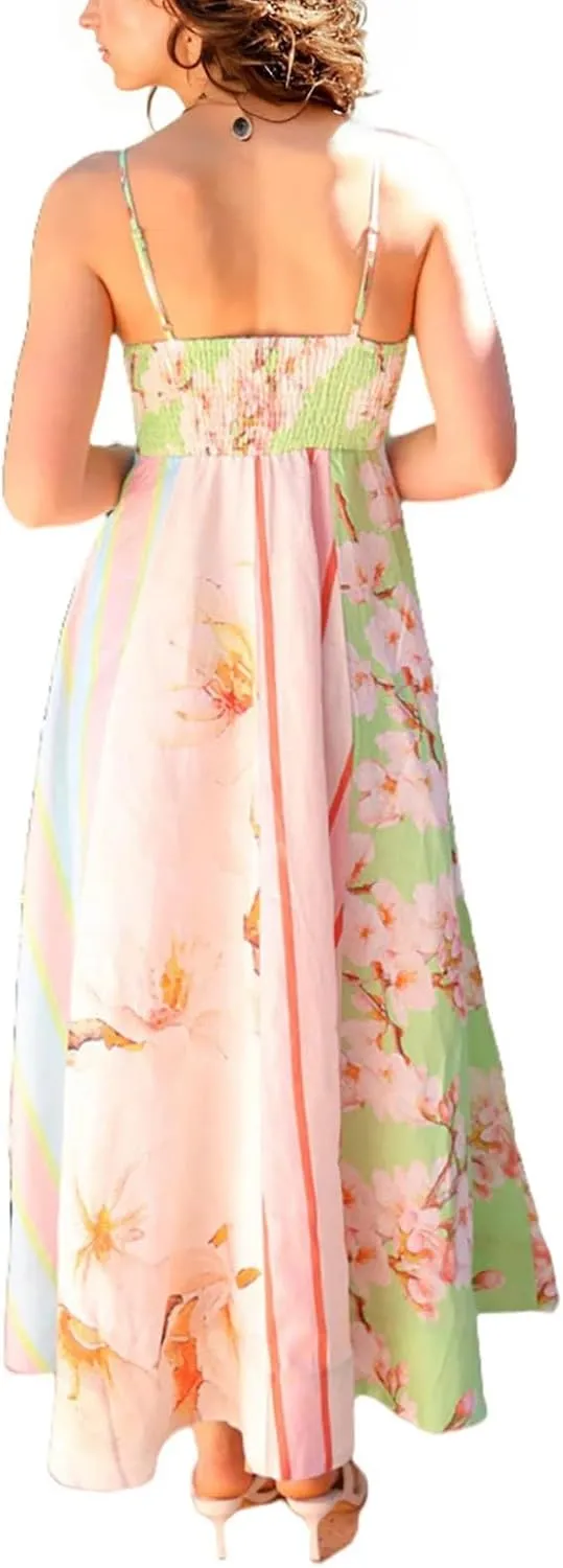 FlekmanArt Women Boho Cute Print Maxi Dress Summer Graffiti Cami Long Dress Straghetti Strap Flowy Slip Dress Beach Dress