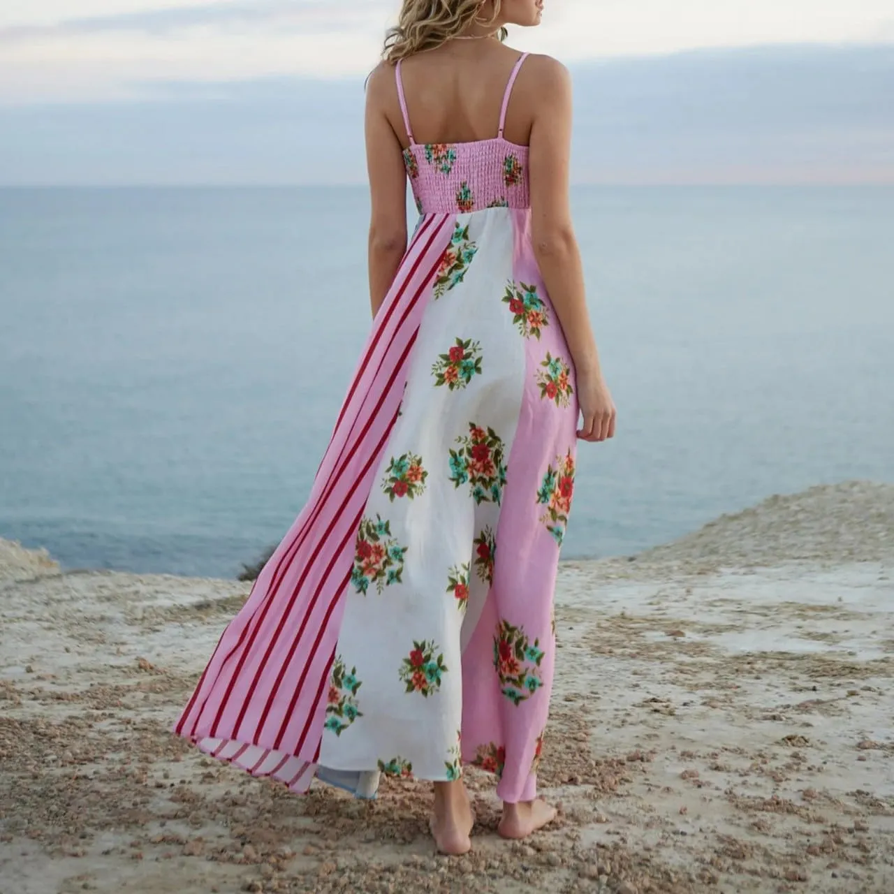 FlekmanArt Women Boho Cute Print Maxi Dress Summer Graffiti Cami Long Dress Straghetti Strap Flowy Slip Dress Beach Dress