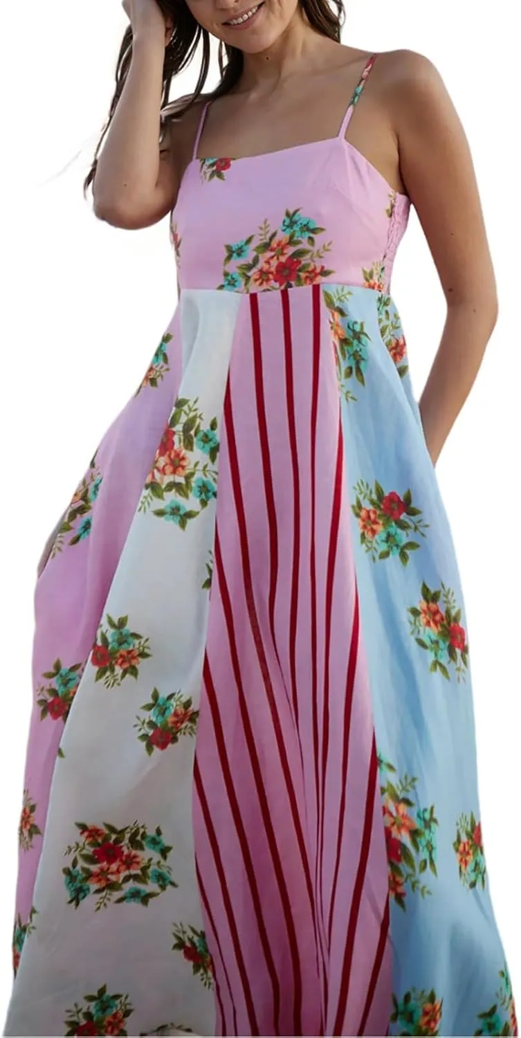 FlekmanArt Women Boho Cute Print Maxi Dress Summer Graffiti Cami Long Dress Straghetti Strap Flowy Slip Dress Beach Dress