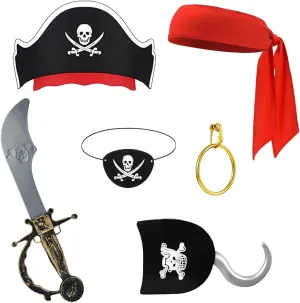 FUEAWIM 6 Pcs Pirate Accessories Include Pirate Headband Hat Eye Patch Hook Pirate Costume Accessories Halloween Priate Party Supplies