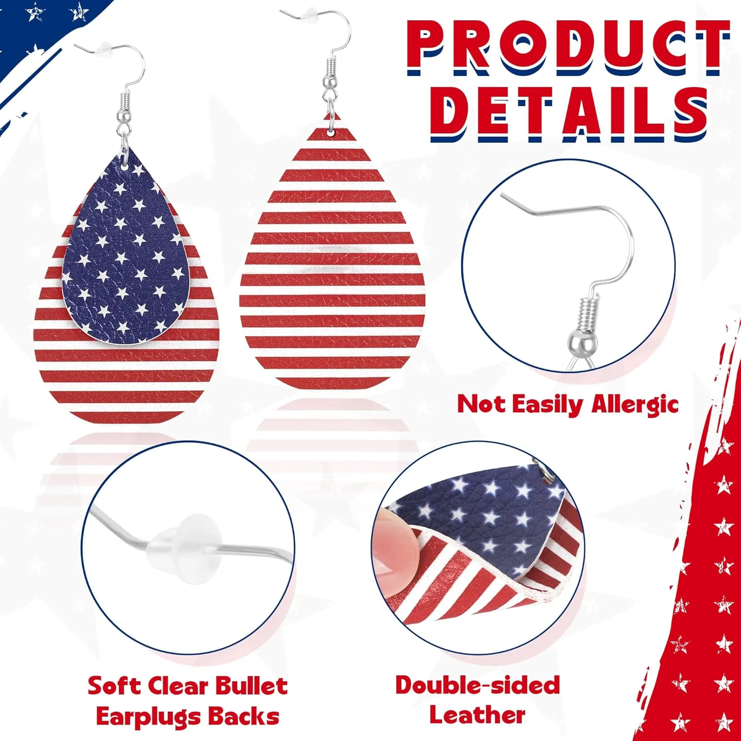 Fullive 4th of July Earrings, Patriotic Dangle Stud for Women, Hypoallergenic Hook Fourth of July Jewelry USA Accessories