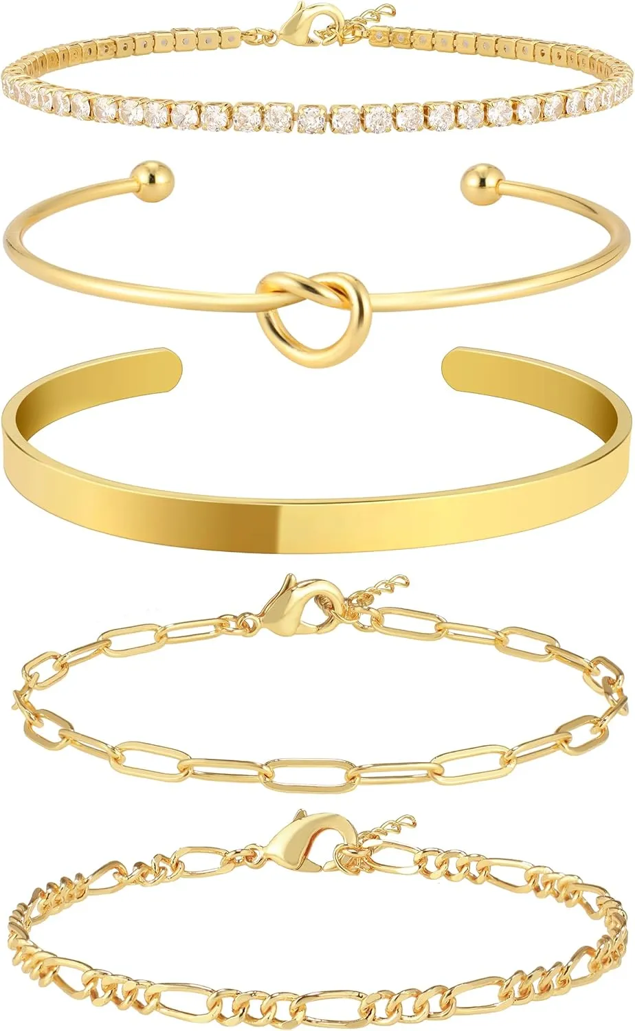 Gold Bangle Cuff Knot Bracelet for Women Stack Non Tarnish 14k Gold Plated Dainty Cubic Zirconia Tennis Bracelets Jewelry Set for Women Trendy