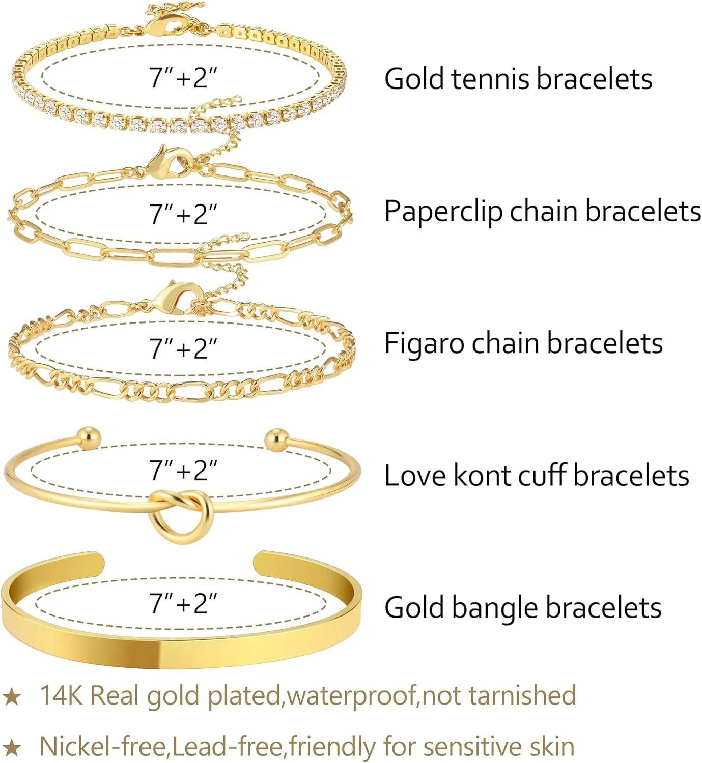 Gold Bangle Cuff Knot Bracelet for Women Stack Non Tarnish 14k Gold Plated Dainty Cubic Zirconia Tennis Bracelets Jewelry Set for Women Trendy