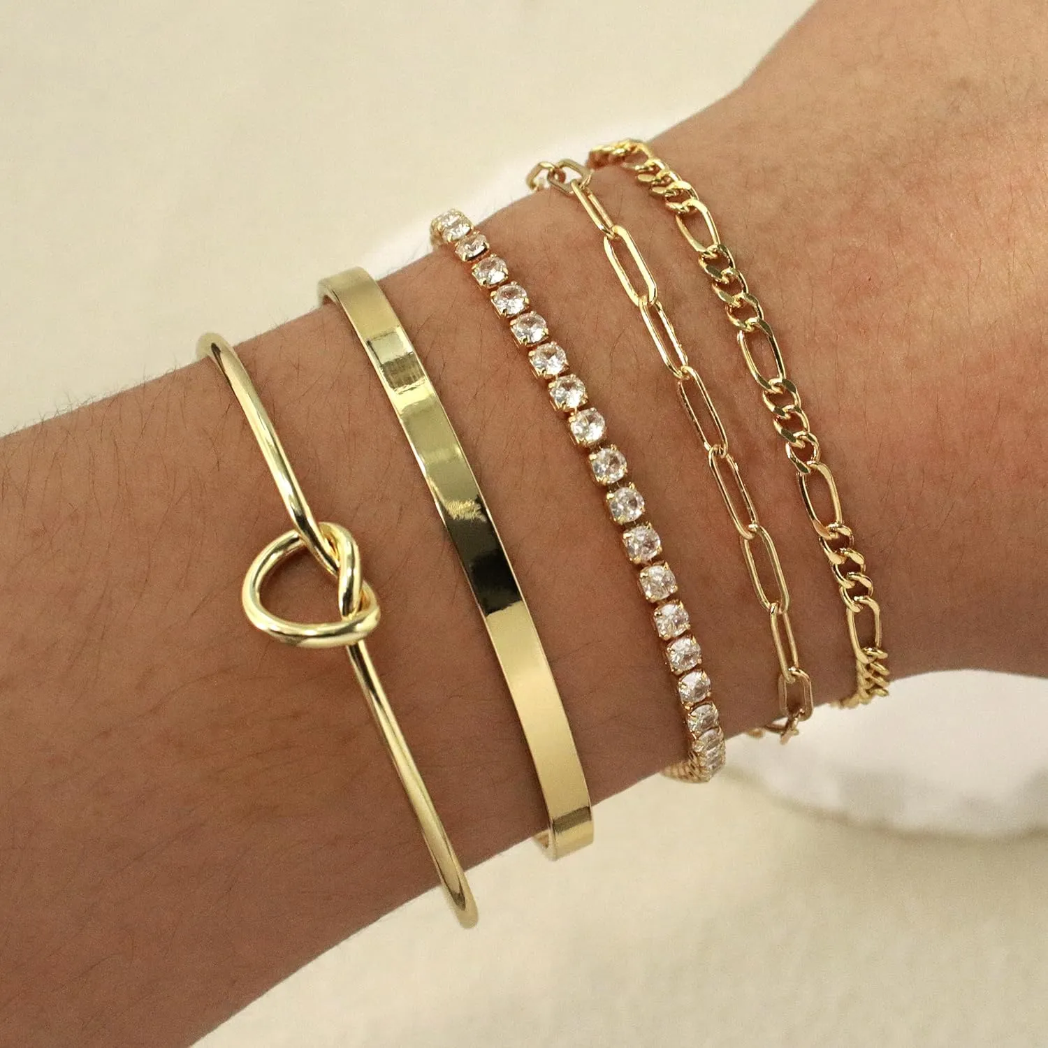 Gold Bangle Cuff Knot Bracelet for Women Stack Non Tarnish 14k Gold Plated Dainty Cubic Zirconia Tennis Bracelets Jewelry Set for Women Trendy