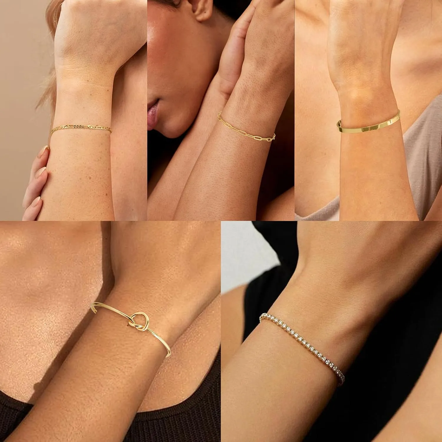 Gold Bangle Cuff Knot Bracelet for Women Stack Non Tarnish 14k Gold Plated Dainty Cubic Zirconia Tennis Bracelets Jewelry Set for Women Trendy