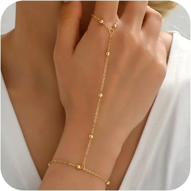 Gold Hand Chain Bracelet Ring Bracelet, 14K Gold Plated Finger Ring Bracelet Zircon Pearl Bead Satellite Hand Chain for Women Trendy Jewelry Non Tarnish Gold Ring Hand Bracelet