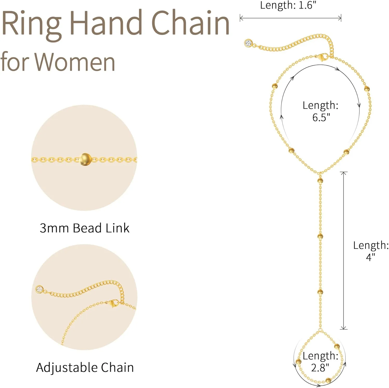Gold Hand Chain Bracelet Ring Bracelet, 14K Gold Plated Finger Ring Bracelet Zircon Pearl Bead Satellite Hand Chain for Women Trendy Jewelry Non Tarnish Gold Ring Hand Bracelet