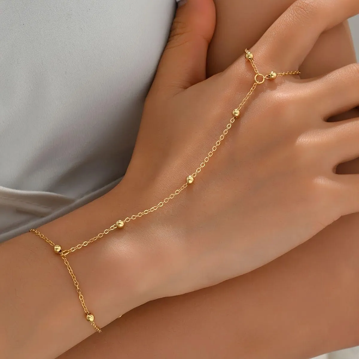 Gold Hand Chain Bracelet Ring Bracelet, 14K Gold Plated Finger Ring Bracelet Zircon Pearl Bead Satellite Hand Chain for Women Trendy Jewelry Non Tarnish Gold Ring Hand Bracelet