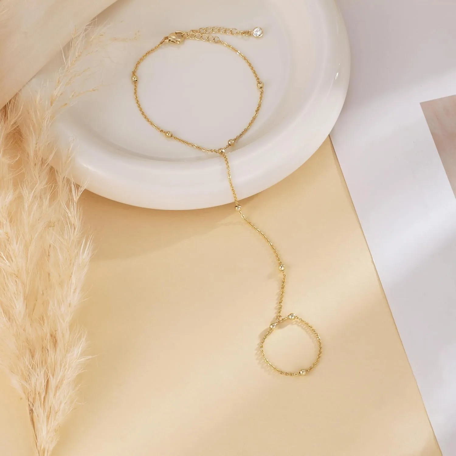 Gold Hand Chain Bracelet Ring Bracelet, 14K Gold Plated Finger Ring Bracelet Zircon Pearl Bead Satellite Hand Chain for Women Trendy Jewelry Non Tarnish Gold Ring Hand Bracelet