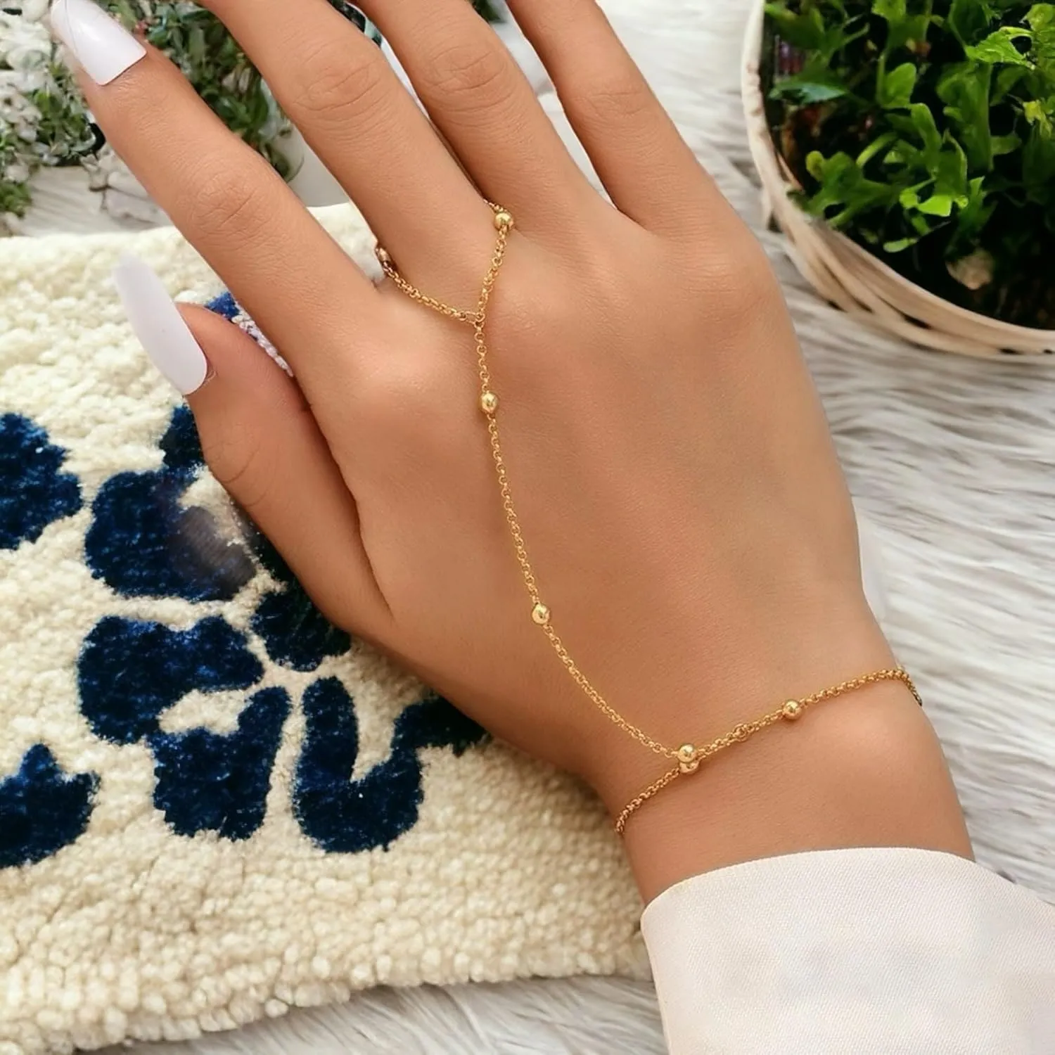 Gold Hand Chain Bracelet Ring Bracelet, 14K Gold Plated Finger Ring Bracelet Zircon Pearl Bead Satellite Hand Chain for Women Trendy Jewelry Non Tarnish Gold Ring Hand Bracelet