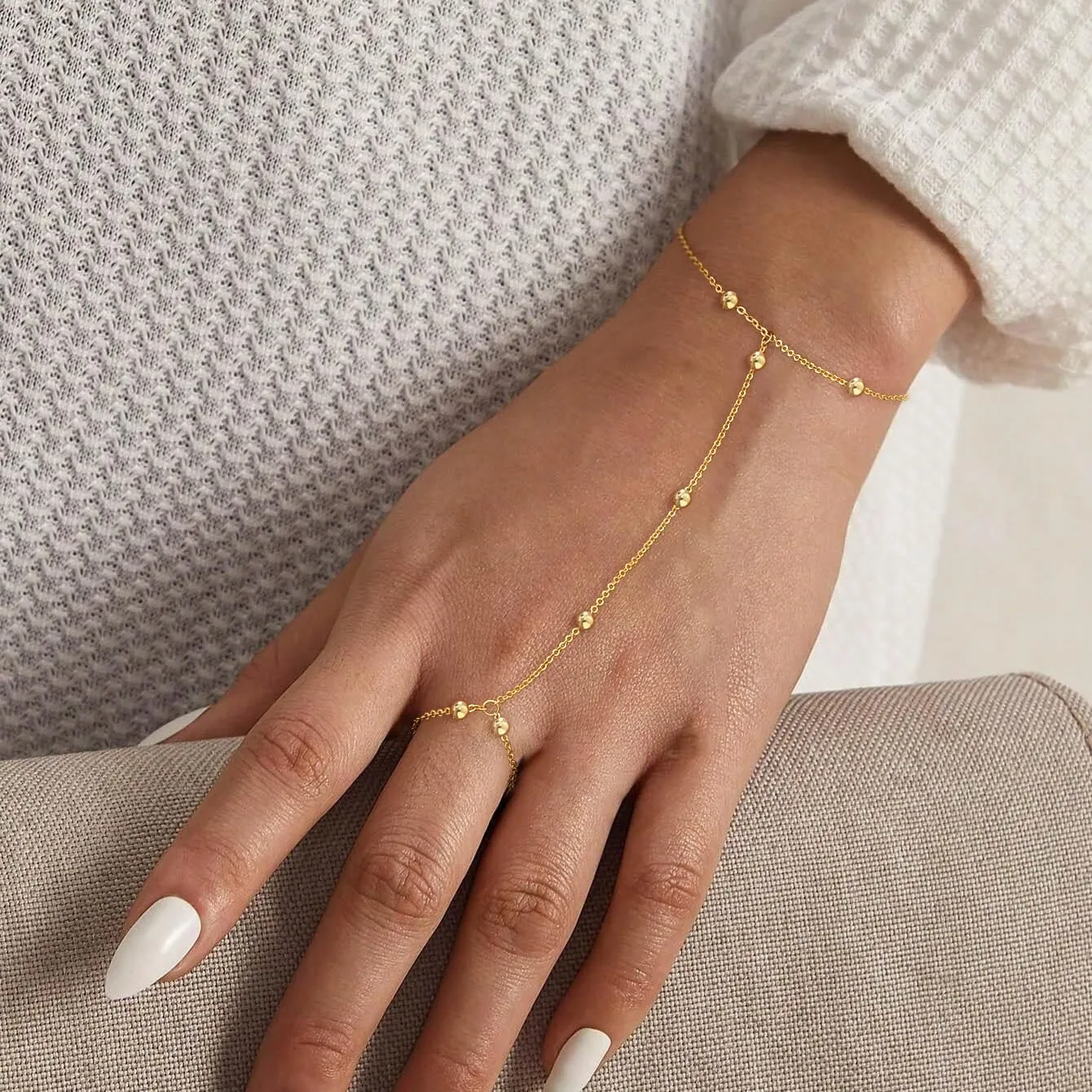 Gold Hand Chain Bracelet Ring Bracelet, 14K Gold Plated Finger Ring Bracelet Zircon Pearl Bead Satellite Hand Chain for Women Trendy Jewelry Non Tarnish Gold Ring Hand Bracelet