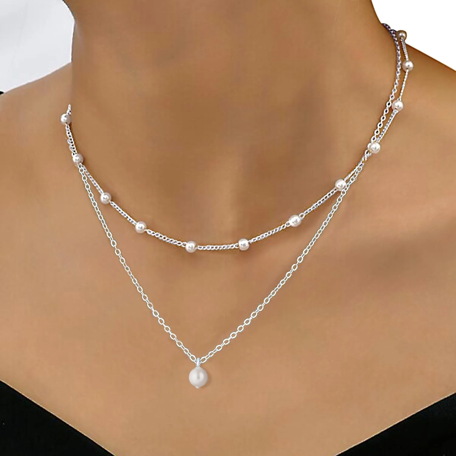 Gold Pearl Necklace for Women, 14K Gold Plated Layered Pearl Necklaces for Women Trendy Simple Herringbone Chain Pearl Necklace for Women Gold Jewelry Gifts