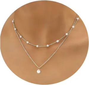 Gold Pearl Necklace for Women, 14K Gold Plated Layered Pearl Necklaces for Women Trendy Simple Herringbone Chain Pearl Necklace for Women Gold Jewelry Gifts