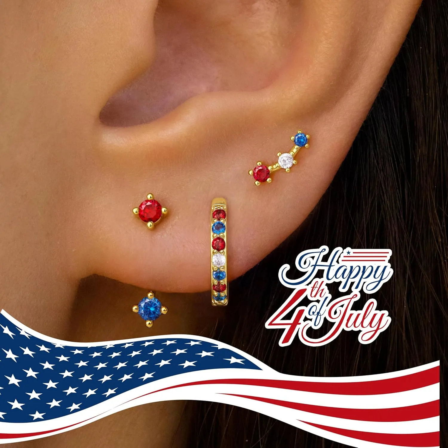 Gold Stud Earrings Set for Women, 3 Pairs Huggie Hoop Jacket Studs Earring Stacks, Hypoallergenic 925 Sterling Silver Post Dainty Birthstone Trendy Women Fashion Accessories Jewelry Gifts