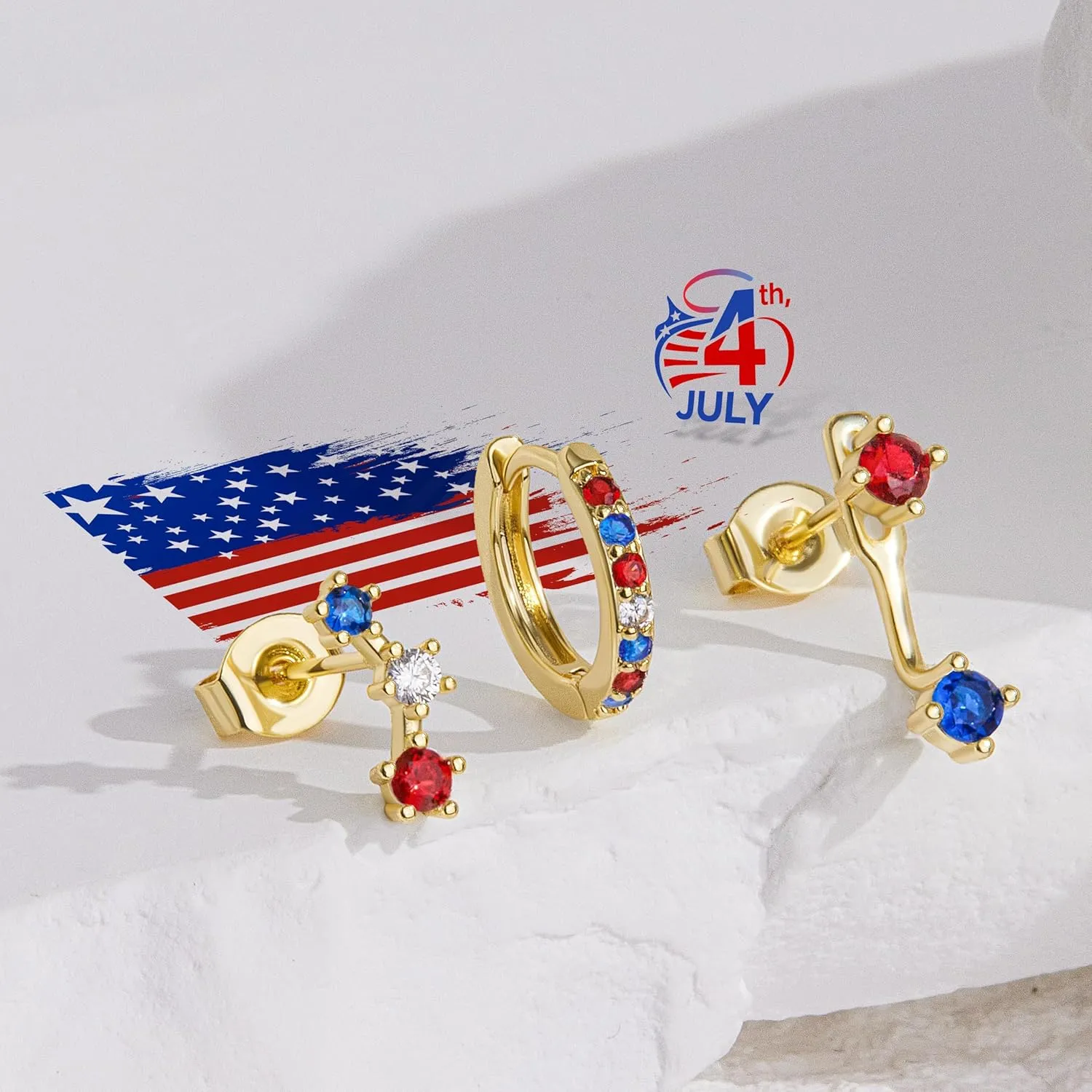 Gold Stud Earrings Set for Women, 3 Pairs Huggie Hoop Jacket Studs Earring Stacks, Hypoallergenic 925 Sterling Silver Post Dainty Birthstone Trendy Women Fashion Accessories Jewelry Gifts
