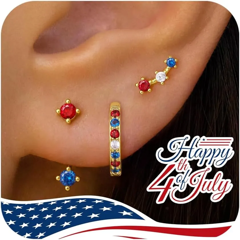 Gold Stud Earrings Set for Women, 3 Pairs Huggie Hoop Jacket Studs Earring Stacks, Hypoallergenic 925 Sterling Silver Post Dainty Birthstone Trendy Women Fashion Accessories Jewelry Gifts