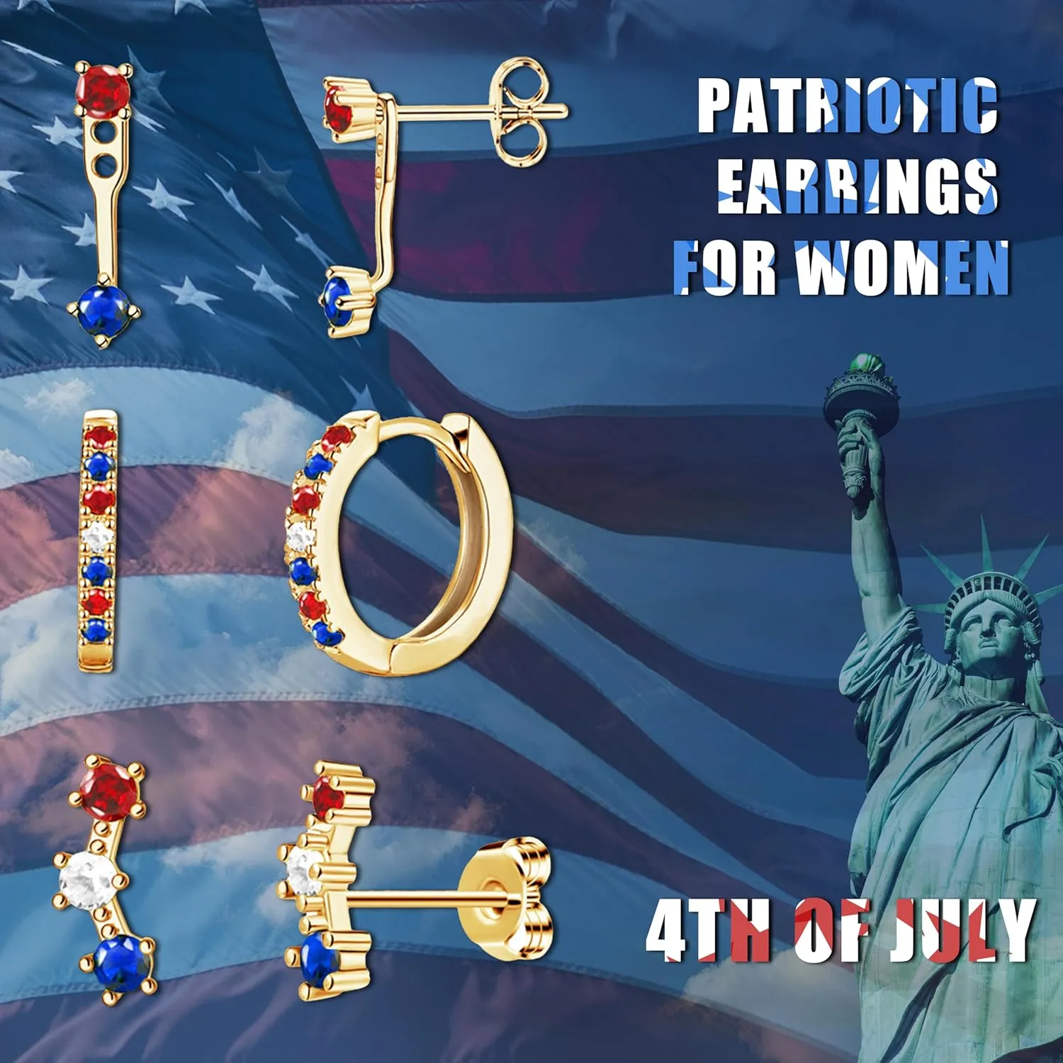 Gold Stud Earrings Set for Women, 3 Pairs Huggie Hoop Jacket Studs Earring Stacks, Hypoallergenic 925 Sterling Silver Post Dainty Birthstone Trendy Women Fashion Accessories Jewelry Gifts