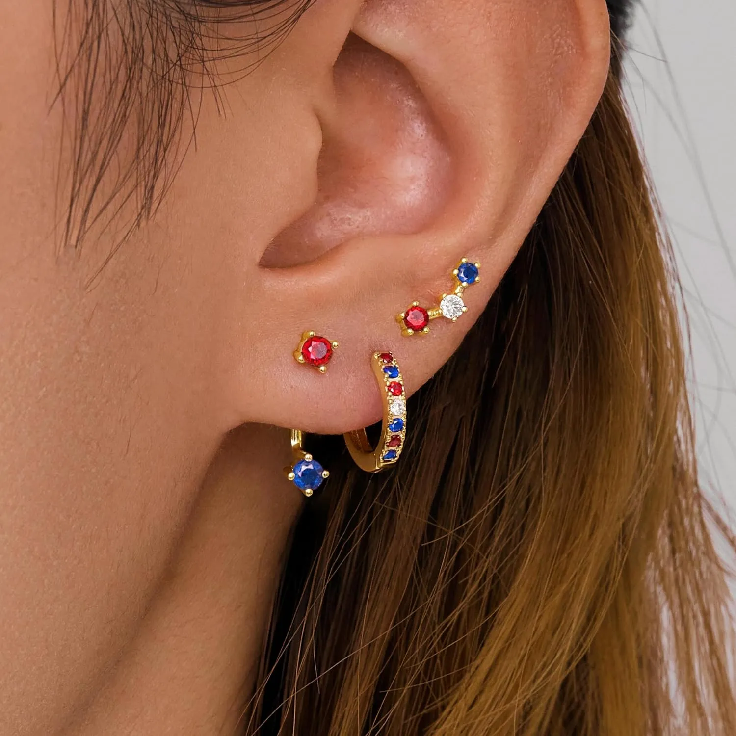 Gold Stud Earrings Set for Women, 3 Pairs Huggie Hoop Jacket Studs Earring Stacks, Hypoallergenic 925 Sterling Silver Post Dainty Birthstone Trendy Women Fashion Accessories Jewelry Gifts