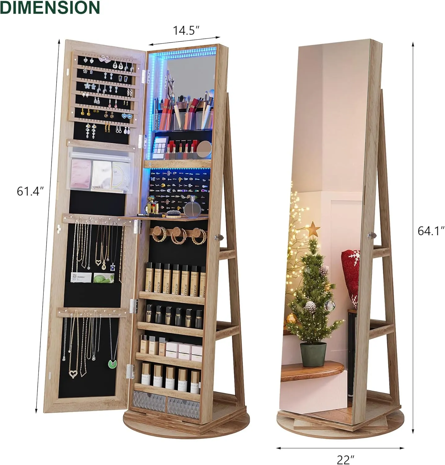 HNEBC 360 Swivel Jewelry Cabinet with Lights, Standing Jewelry Armoire Organizer, Rotatable Jewelry Mirror, Full Length Mirror with Jewelry Storage,Large Jewelry Organizer with Lockable (Wood)