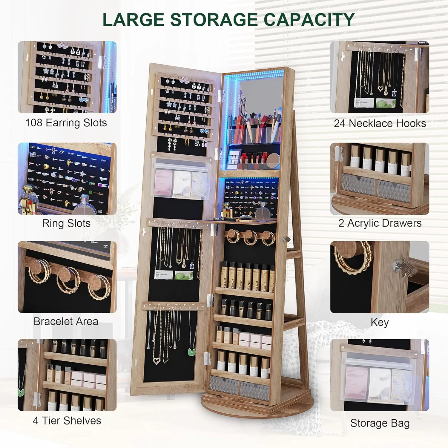 HNEBC 360 Swivel Jewelry Cabinet with Lights, Standing Jewelry Armoire Organizer, Rotatable Jewelry Mirror, Full Length Mirror with Jewelry Storage,Large Jewelry Organizer with Lockable (Wood)