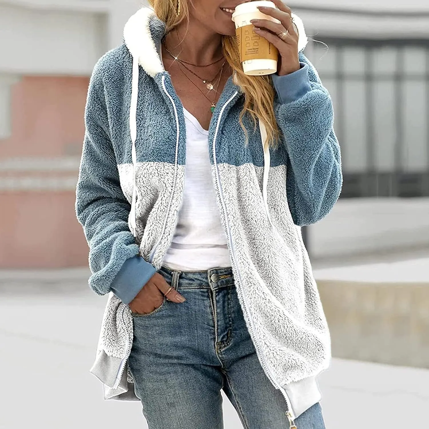 HXHYQKP Womens Fleece Zip Up Jacket Winter Coats Plus Size Jacket Hoodies Plush Warm Fuzzy Coat with Pockets